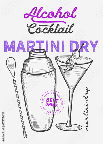 Martini dry cocktail illustration, vector hand drawn alcohol drink