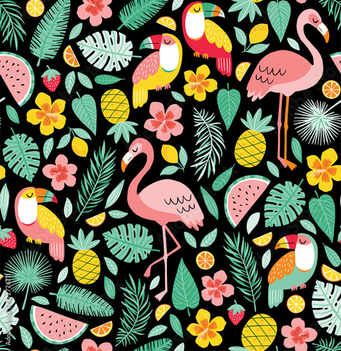 Summer pattern with flamingo, toucan, tropical leaves, flowers, fruits. Vector summertime pattern on black background. 