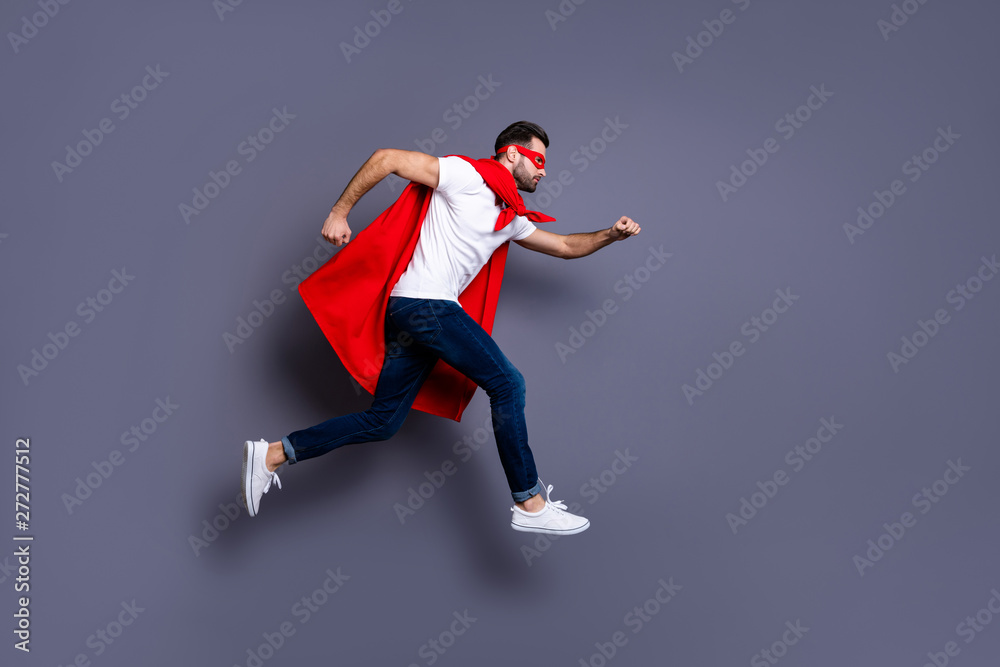Full length body size view of his he nice-looking attractive content virile masculine sportive brutal bearded guy running fast isolated over gray pastel violet purple background