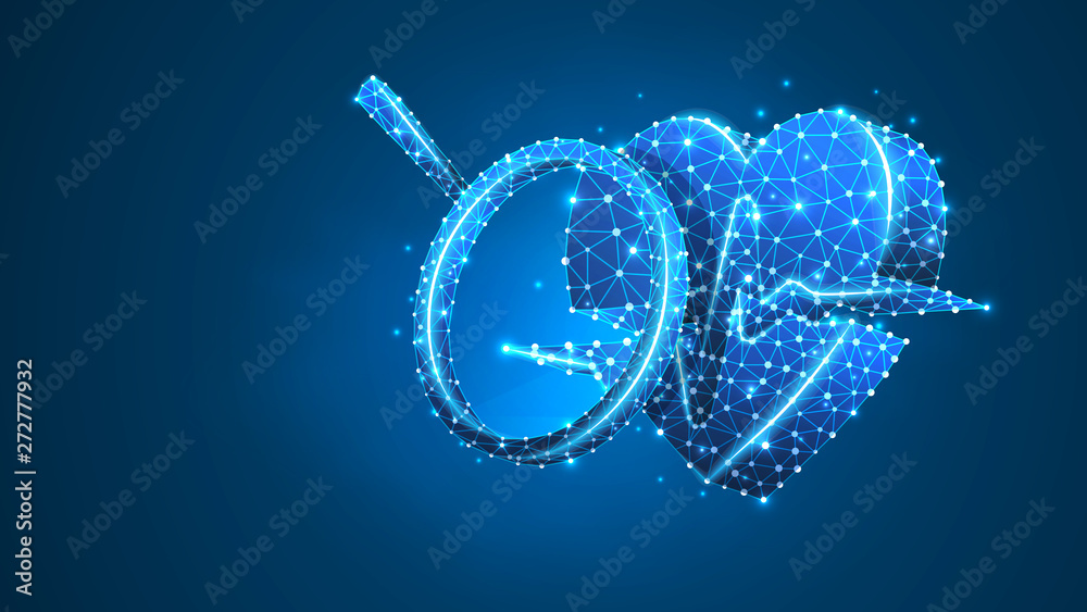 Magnifying glass on Heart with pulse line. Health analysis, cardio safety, healthcare research concept. Abstract, digital, wireframe low poly mesh Raster blue neon 3d illustration. Triangle line dot