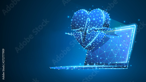 Laptop with Heart pulse line on notebook screen. Polygonal Internet treatment, computer care concept. Abstract, digital, wireframe low poly mesh Raster blue neon 3d illustration. Triangle line dot