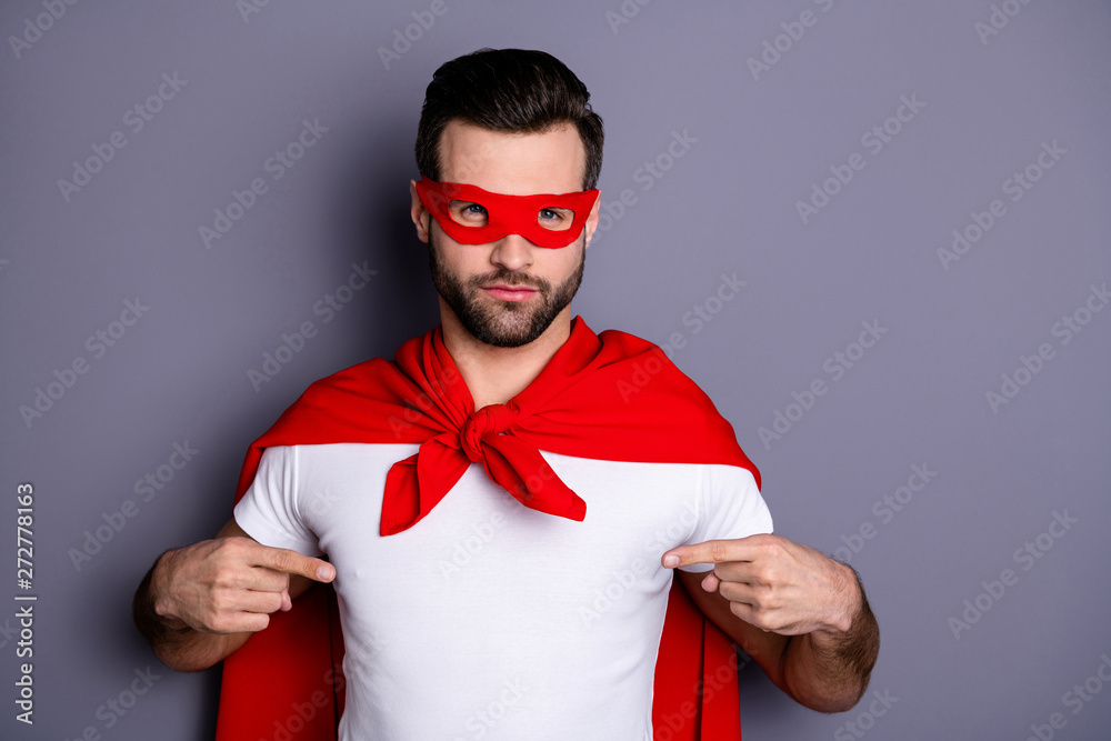 Close-up portrait of his he nice-looking attractive content candid cool virile brutal macho bearded guy pointing at himself self advice isolated over gray pastel background