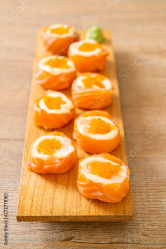 fresh salmon sushi roll with mayonnaise and shrimp egg