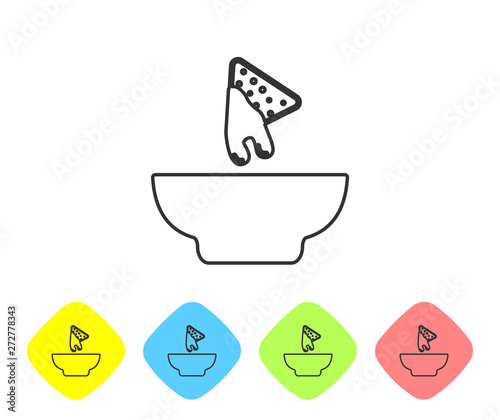 Grey Nachos in plate line icon isolated on white background. Tortilla chips or nachos tortillas. Traditional mexican fast food. Set icon in color rhombus buttons. Vector Illustration