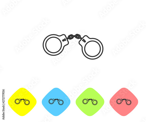Grey line Handcuffs icon isolated on white background. Set icon in color rhombus buttons. Vector Illustration