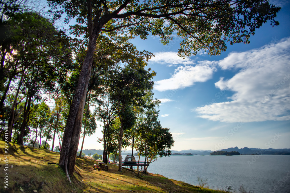 The forest on the hill is beside the lake, background is mountain. The forest on the hill is beside the lake, background is mountain.