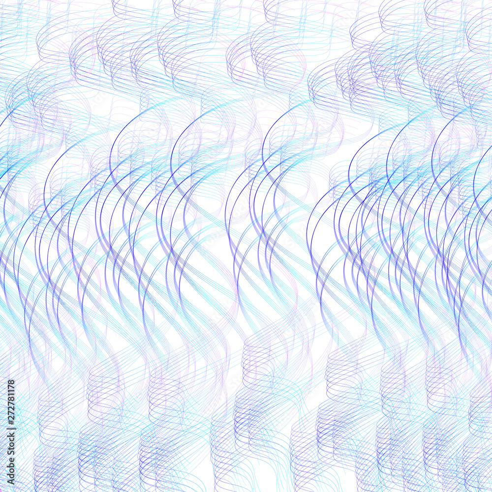 Abstract blue, cyan, purple squiggle curves. White background, airy
