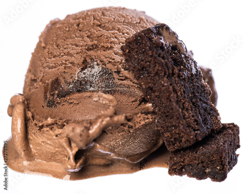 Single scoop of chocolate - brownie ice cream with brownies isolated on white background front view