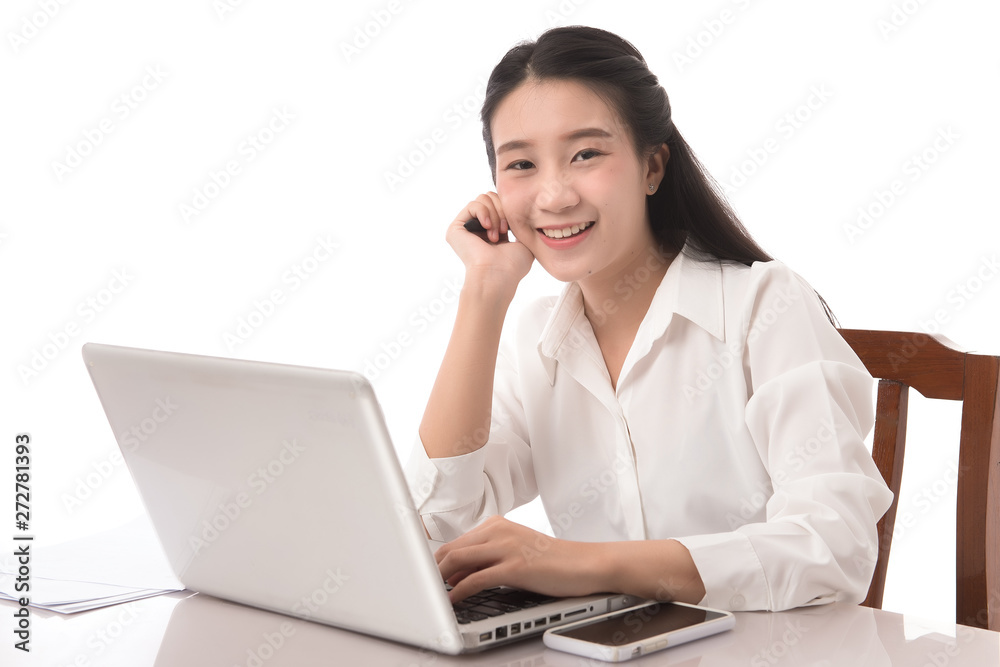 Young pretty asian business woman happy and smiling with notebook in the office on white background. Young pretty asian business woman happy and smiling with notebook in the office on white background.