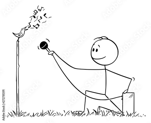 Vector cartoon stick figure drawing conceptual illustration of man or ornithologist recording birdsong or bird singing with microphone. Sound of wild nature.