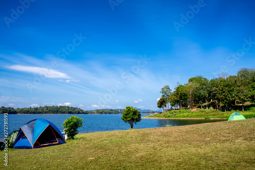 The camping tent is beside the lake and big tree in on sunny day.