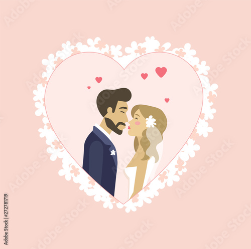 Wedding of man and woman, side view of groom and bride characters in heart shape, romantic postcard with couple, boyfriend and girlfriend, married vector