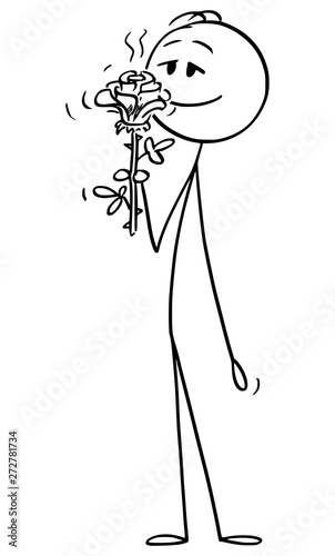 Vector cartoon stick figure drawing conceptual illustration of man enjoying smelling the nice smell of rose flower.