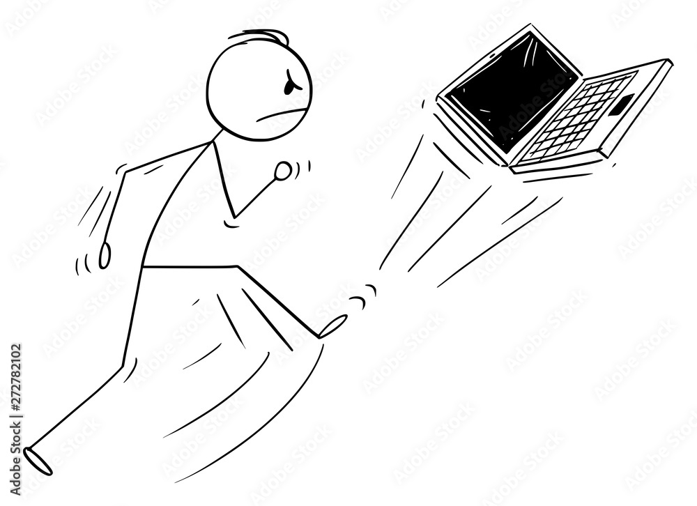 Vector cartoon stick figure drawing conceptual illustration of angry man  kicking out the portable computer or laptop or notebook. Broken technology  concept. Stock Vector | Adobe Stock