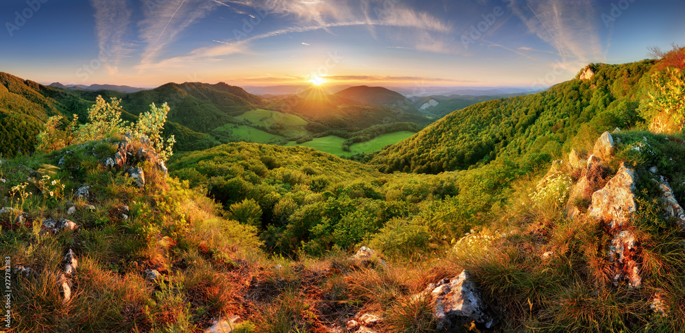 Spring mountain landscape panorama with forest and sun - obrazy, fototapety, plakaty 