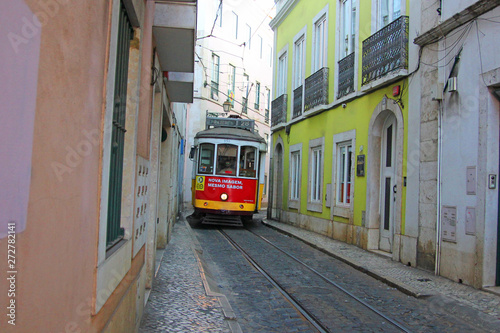 old town of lisbon (alfama) in portugal, with the historic tramway no. 28