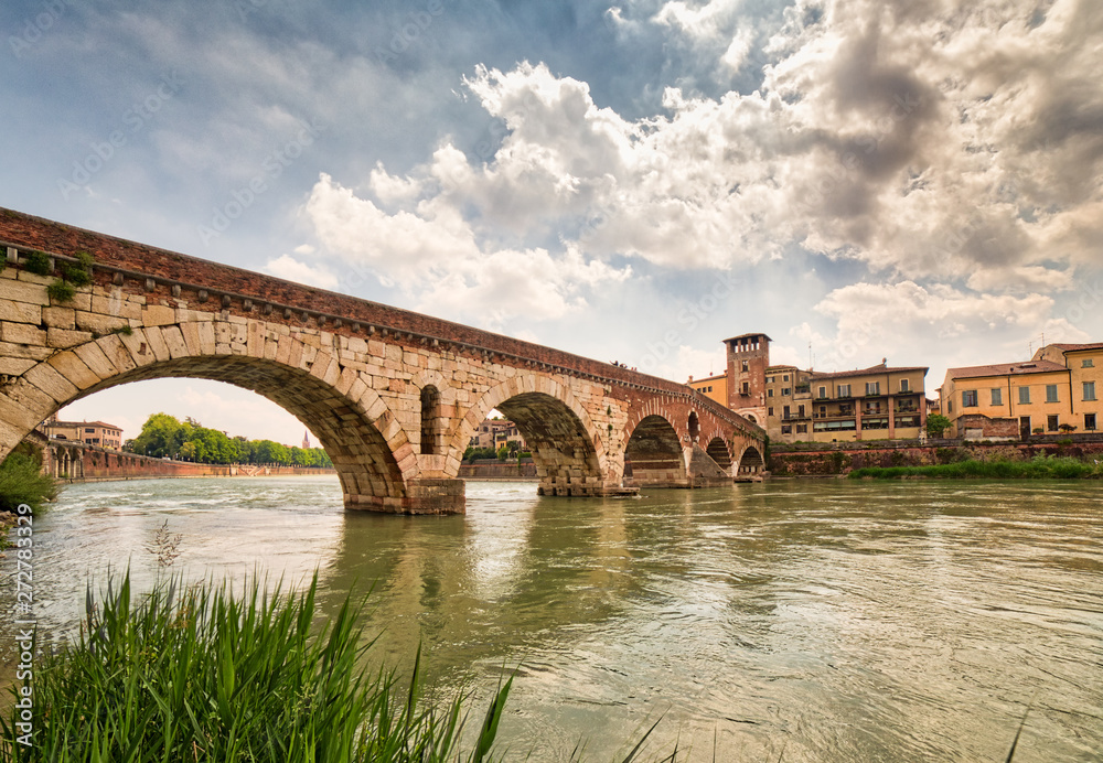 Roman bridge crossing river in Verona
