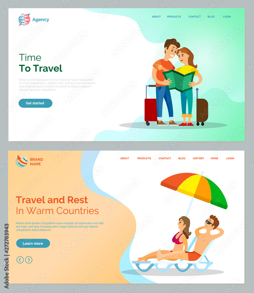 Time to travel vector, people holding map standing with baggages. Man and woman relaxing by seaside in warm countries, couple laying in sun. Website or webpage template, landing page flat style