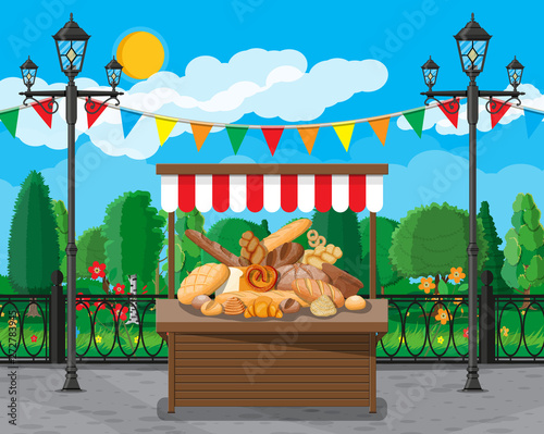 Bread products and market stall. Whole grain, wheat and rye bread, toast, pretzel, ciabatta, croissant, bagel, french baguette, cinnamon bun. Vector illustration in flat style