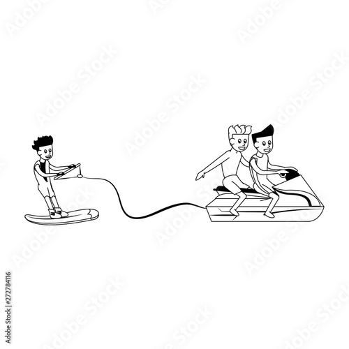 Wakeboarding extreme sport cartoons in black and white