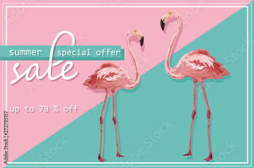 Colorful flmingo banner Vector. Summer Sale promotion abstract background tem...
