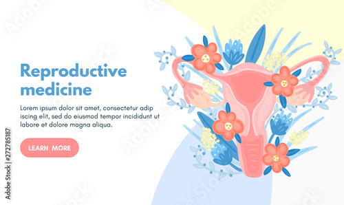 Web template with female reproductive system in flowers. Landing page. Woman health. Advertising for women s pads  lactobacillus  department of obstetrics and gynecology. Medical banner. Vector  eps10