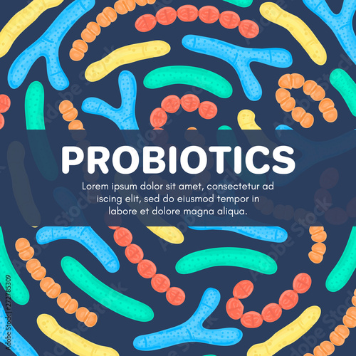 Vector background with probiotics. Bifidobacterium, lactobacillus, streptococcus thermophilus, lactococcus, propionibacterium. Brochure, flyer, label, cover, poster, banner, package, advertising