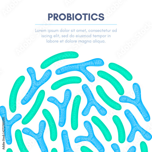 Vector background with probiotics in semicircular shape. Bifidobacterium, lactobacillus. Lactic acid bacterium. Brochure, flyer, label, cover, poster, banner, package, advertising, presentation