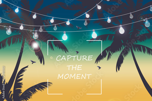 Summer night lights poster Vector. Hot tropical backgrounds