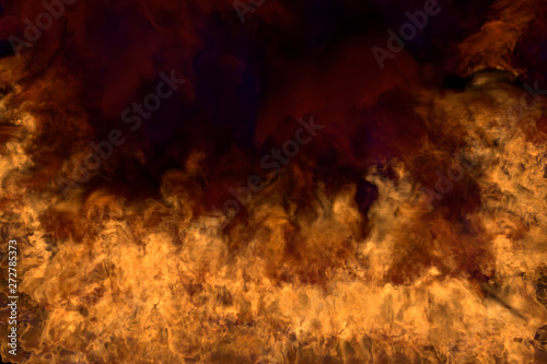 Flames from both the corners and bottom - fire 3D illustration of melting fireplace, half frame with scary dark smoke isolated on black background