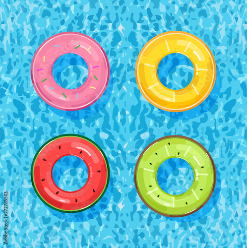 Colorful pool rings on water background Vector. Summer poster inflatable life...