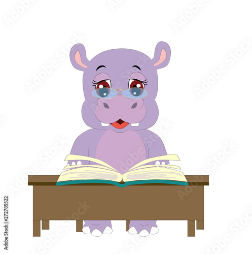 A giraffe and a hippopotamus sit at a desk reading and writing in a notebook