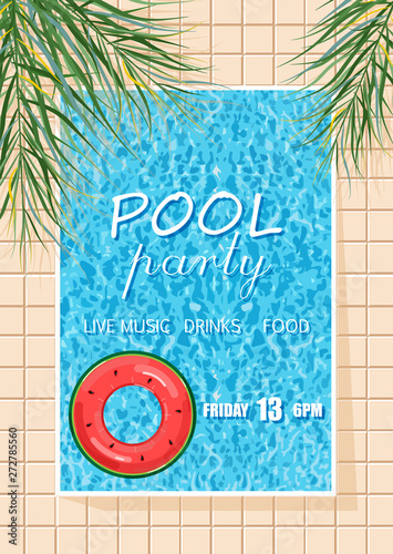 Summer pool party poster Vector. Summer banner blue water backgrounds