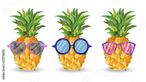 Pineapple pattern Vector. Cartoon style. Funny fruits with glasses tropic pos...