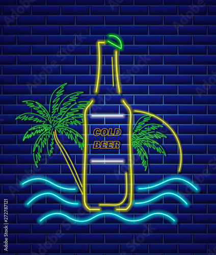 Beer bottle neon sign Vector. Summer icon tropic backgrounds