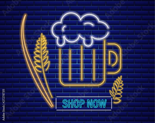 Beer glasse neon sign Vector. Fresh drink symbol icon templates