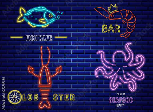 Fish neon Vector icons set. Lobster, octopus and prawns symbol templates
