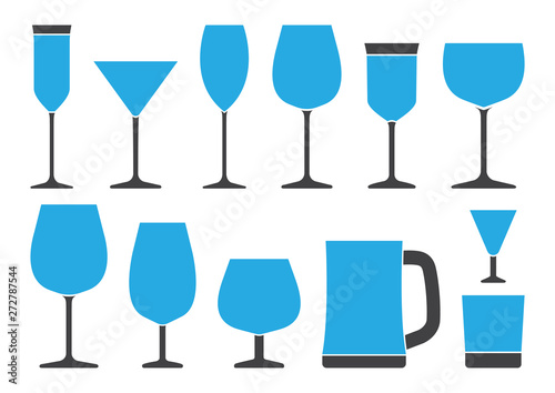 Set of glasses for different alcohol drinks. Blue and gray colors. Vector illustration