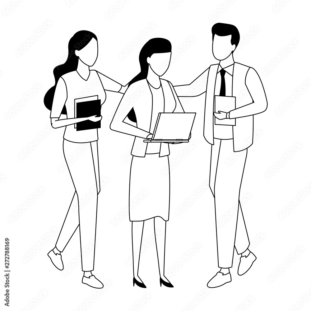 Business coworkers with office supplies in black and white Business coworkers with office supplies in black and white