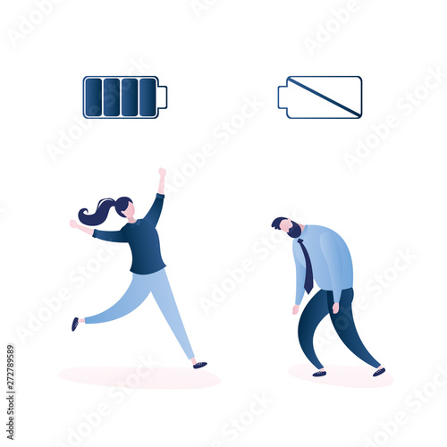 strong businesswoman with full battery and sad powerless office worker or businessman with low battery