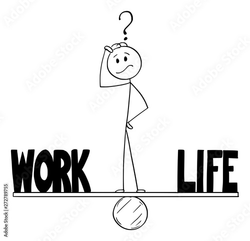 Vector cartoon stick figure drawing conceptual illustration of man or businessman thinking and standing on seesaw and balancing time between work and life.