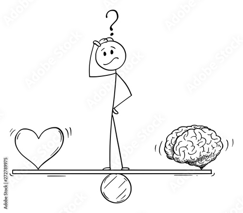 Vector cartoon stick figure drawing conceptual illustration of man or businessman thinking and standing on seesaw and balancing heart and brain as emotion and logic metaphor.