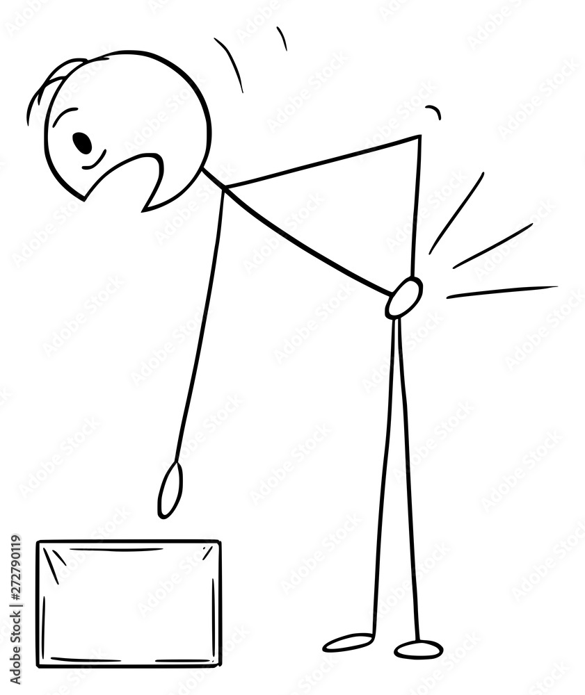 Vector cartoon stick figure drawing conceptual illustration of man who injured his back while lifting up or carry the box. Backache or back pain concept.