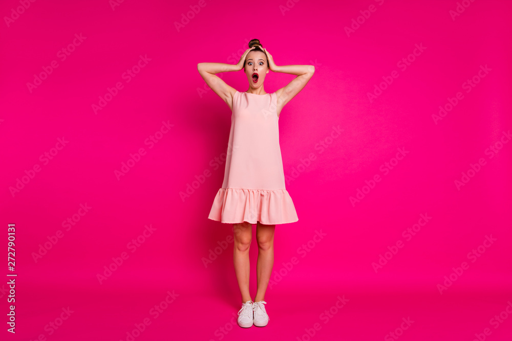 Full length body size view of her she nice-looking charming attractive glamorous stunned girl showing amazement isolated over bright vivid shine pink fuchsia background Full length body size view of her she nice-looking charming attractive glamorous stunned girl showing amazement isolated over bright vivid shine pink fuchsia background