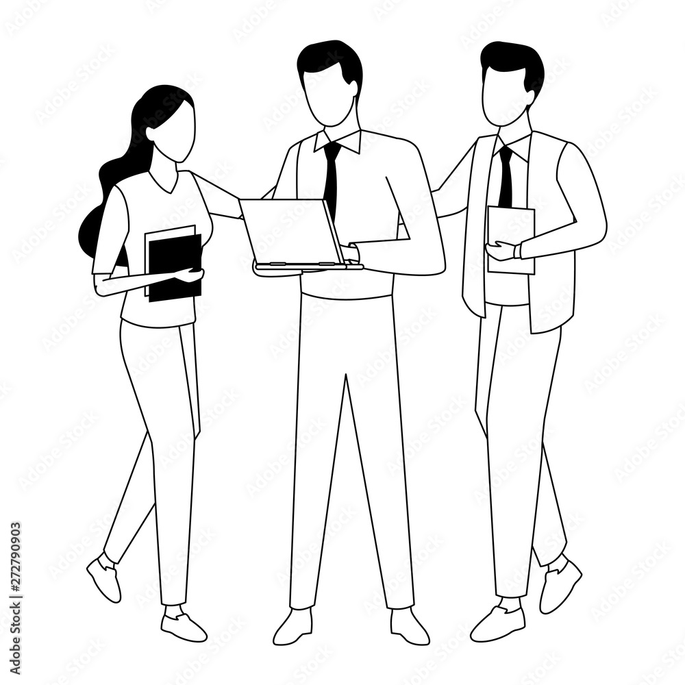Business coworkers with office supplies in black and white