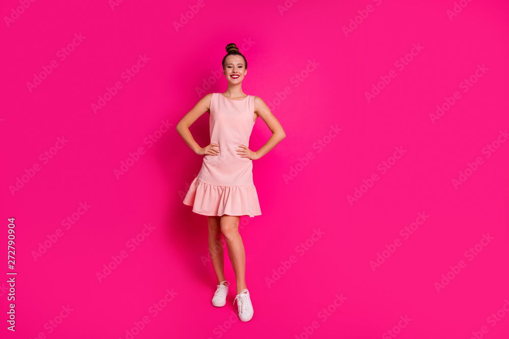 Full length body size view of her she nice-looking charming attractive lovely lovable glamorous cheerful cheery slim fit thin girl hands on hips isolated on bright vivid shine pink fuchsia background
