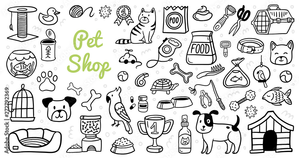 Cute pets stuff and supply icons set in doodle style. Vet symbol collection. Cartoon dog, cat, parrot, turtle, fish and care elements like kennel, leash, food, paw, bowl and other
