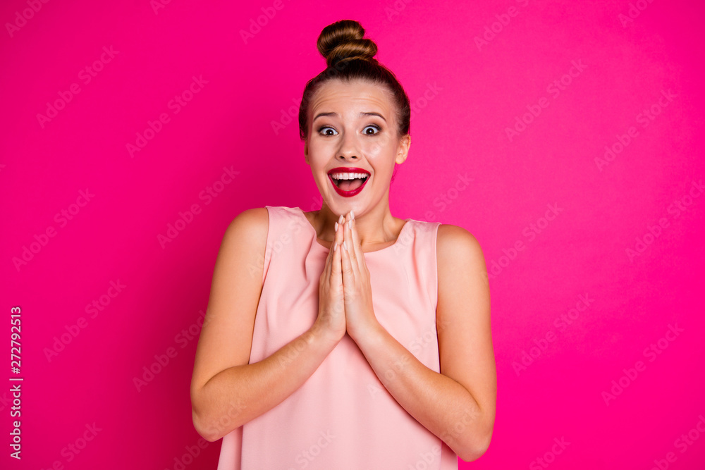 Close-up portrait of her she nice charming attractive winsome lovely lovable sweet cheerful cheery girl begging new gift folded hands isolated over bright vivid shine pink fuchsia background