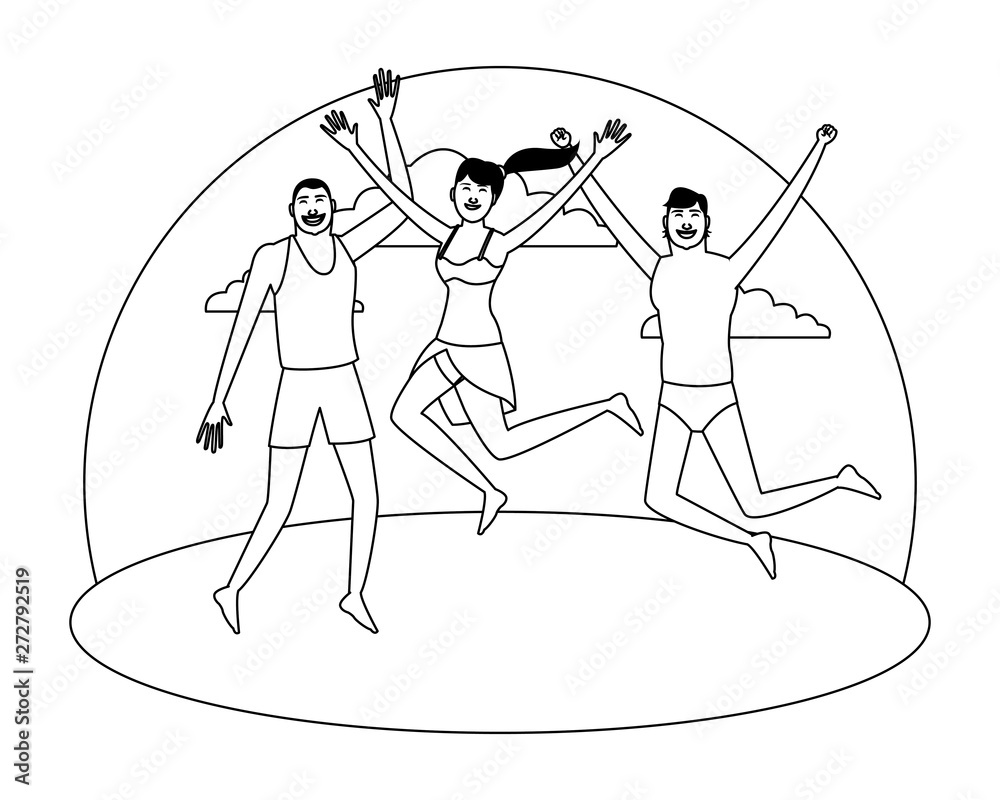 Young friends and summer cartoons in black and white Young friends and summer cartoons in black and white
