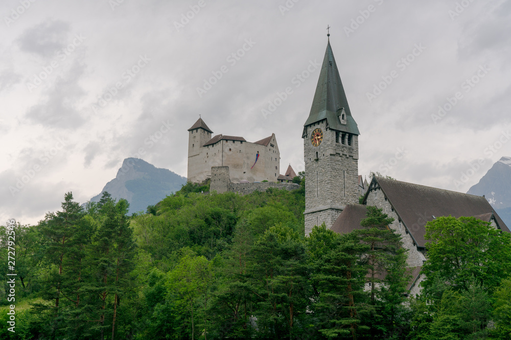 view of the historic Gutenberg Castle and Sankt Nikolaus church in Liechtenstein